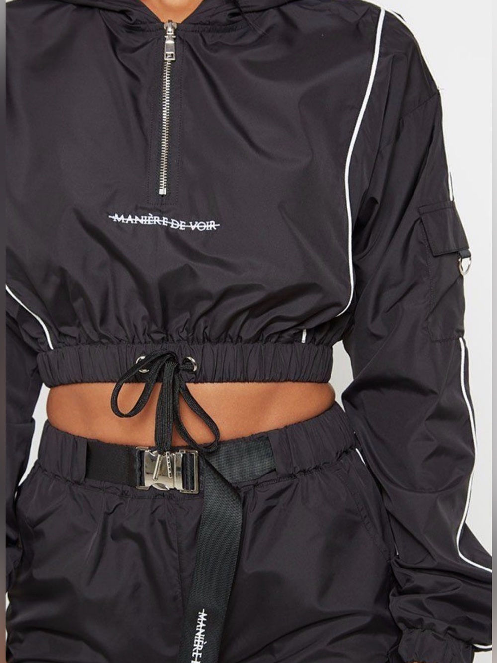 Maniere De Voir Black Cropped Track Jacket with White Piping